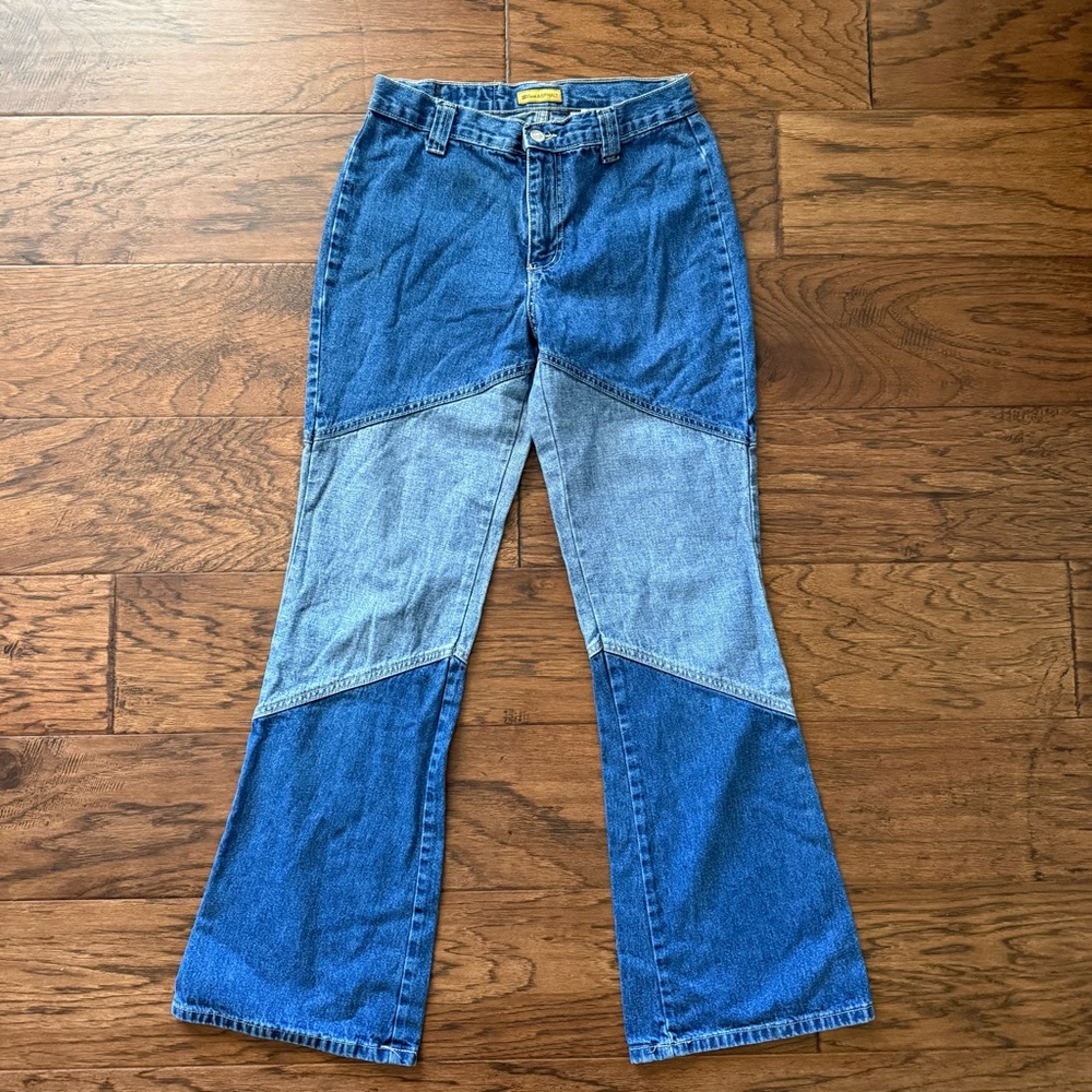 Vintage Blue Asphalt Junior's Size 7 Blue Patchwork Flare Denim Jeans Y2K USA